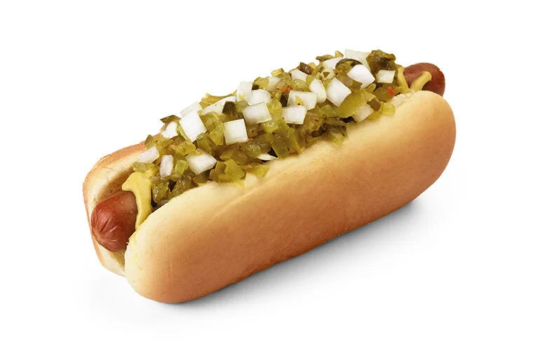 Roller Grill Hot Dog with relish and onions